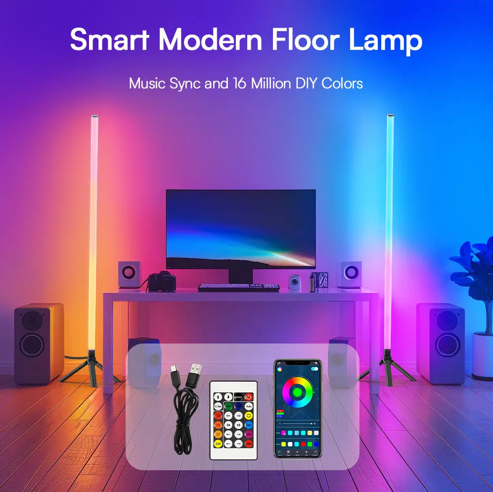 Smart RGB LED Floor Lamp, 1.2 Meters in Height, Equipped with an App and Remote Control, Offering 16 Million Colors, Music Synchronization, and Scene Modes. Ideal for Gaming Rooms, Living Rooms, Parties, and Bedrooms as a Color-Changing Vertical Lamp