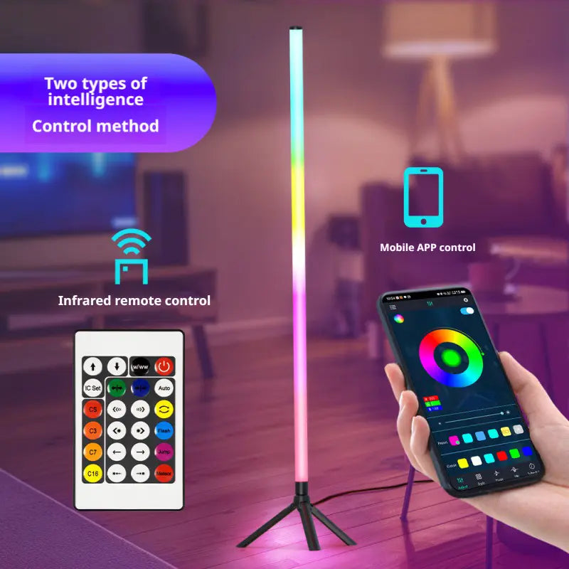 Smart RGB LED Floor Lamp, 1.2 Meters in Height, Equipped with an App and Remote Control, Offering 16 Million Colors, Music Synchronization, and Scene Modes. Ideal for Gaming Rooms, Living Rooms, Parties, and Bedrooms as a Color-Changing Vertical Lamp